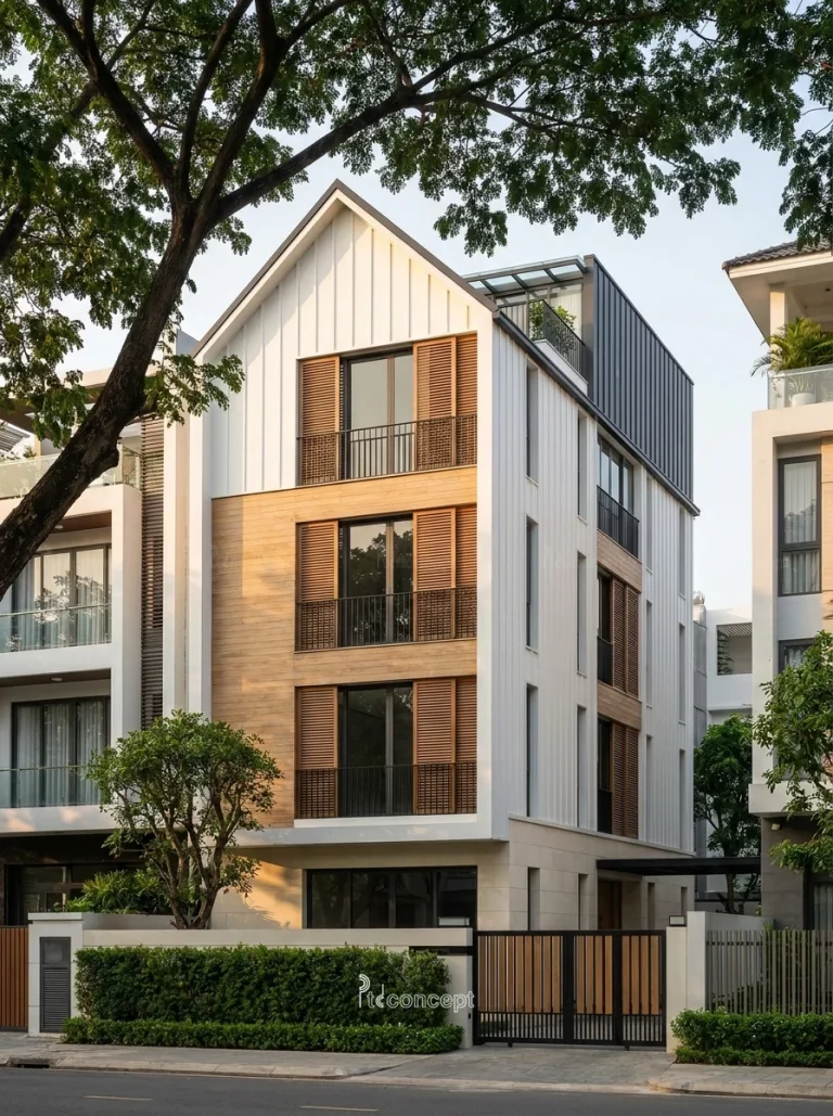 Mẫu nhà phố mặt tiền 6m, 4 tầng – Modern Farmhouse – mặt tiền, PTD Concept