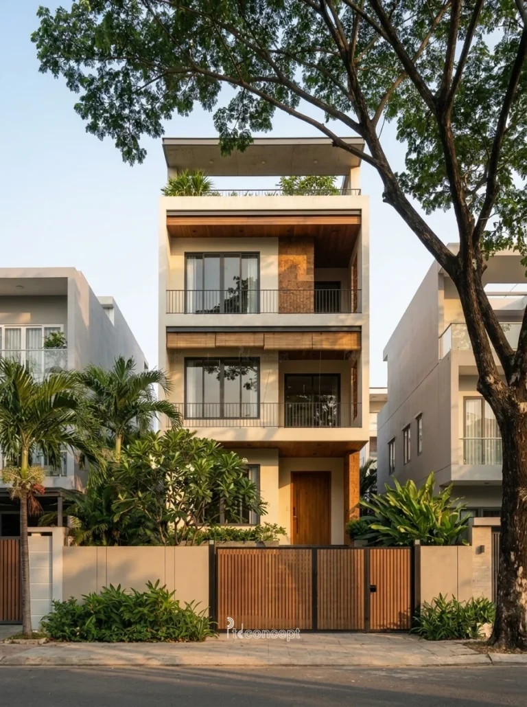Mẫu nhà phố mặt tiền 6m, 4 tầng – Nhiệt đới hiện đại – mặt tiền, PTD Concept