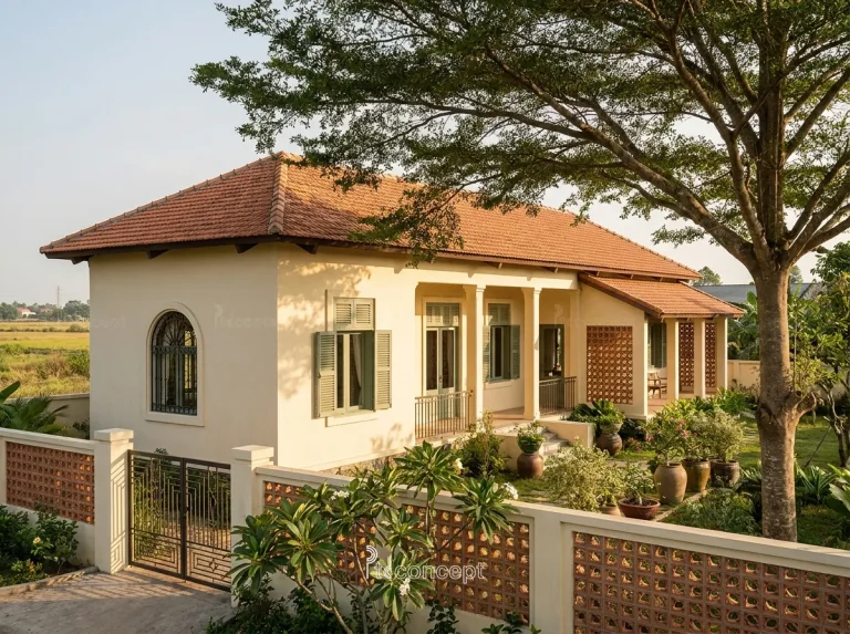 Mẫu nhà vườn – nghỉ dưỡng 1 tầng, trải ngang – Indochine – mặt tiền, PTD Concept
