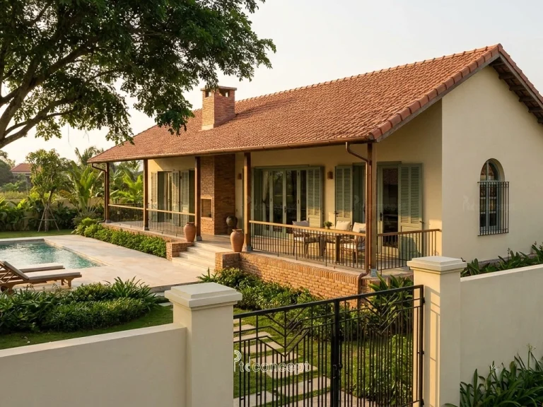 Mẫu nhà vườn – nghỉ dưỡng 1 tầng, trải ngang – Indochine – mặt tiền, PTD Concept