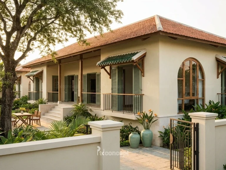 Mẫu nhà vườn – nghỉ dưỡng 1 tầng, trải ngang – Indochine – mặt tiền, PTD Concept