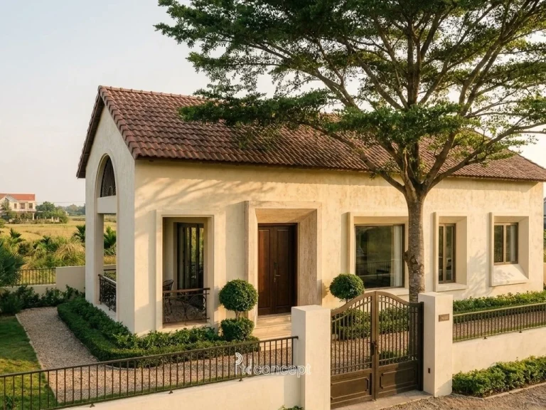 Mẫu nhà vườn – nghỉ dưỡng 1 tầng, trải ngang – Modern Classic – mặt tiền, PTD Concept
