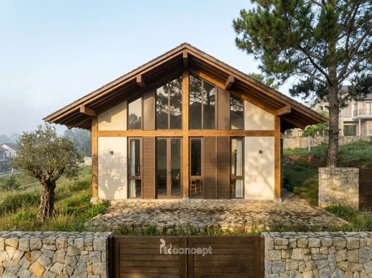 Mẫu nhà vườn – nghỉ dưỡng 1 tầng, trải ngang – Modern Rustic – mặt tiền, PTD Concept