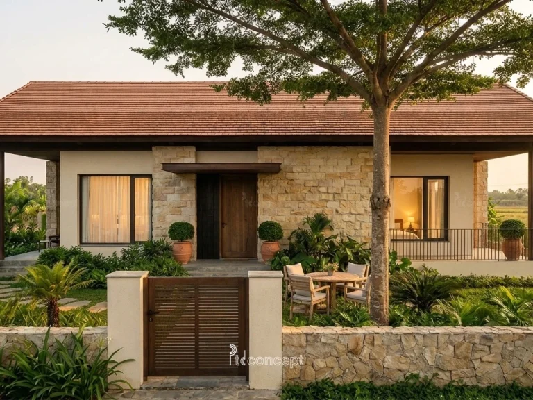 Mẫu nhà vườn – nghỉ dưỡng 1 tầng, trải ngang – Modern Rustic – mặt tiền, PTD Concept