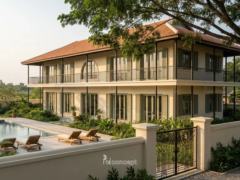 Mẫu nhà vườn – nghỉ dưỡng 2 tầng, khối thấp – Indochine – mặt tiền, PTD Concept