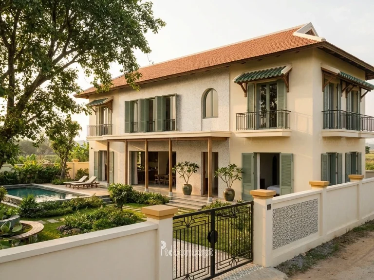 Mẫu nhà vườn – nghỉ dưỡng 2 tầng, khối thấp – Indochine – mặt tiền, PTD Concept