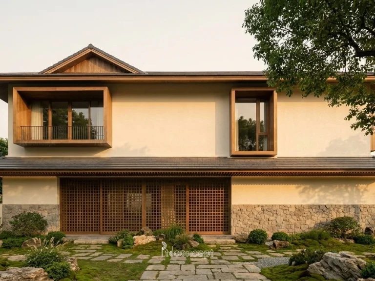 Mẫu nhà vườn – nghỉ dưỡng 2 tầng, khối thấp – Japandi – mặt tiền, PTD Concept