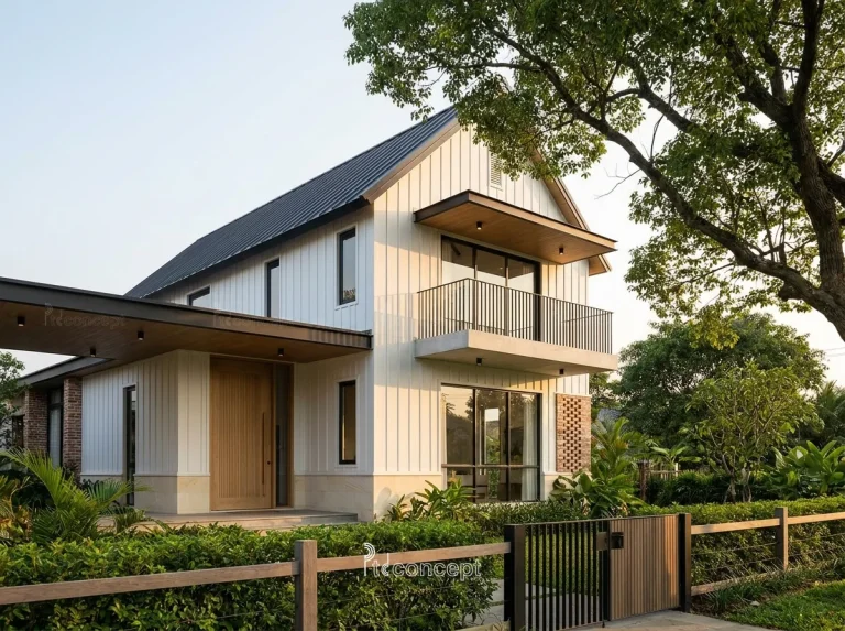 Mẫu nhà vườn – nghỉ dưỡng 2 tầng, khối thấp – Modern Farmhouse – mặt tiền, PTD Concept