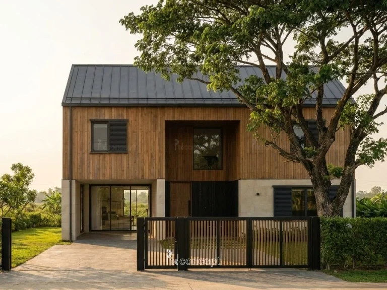 Mẫu nhà vườn – nghỉ dưỡng 2 tầng, khối thấp – Modern Farmhouse – mặt tiền, PTD Concept