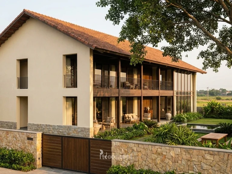 Mẫu nhà vườn – nghỉ dưỡng 2 tầng, khối thấp – Modern Rustic – mặt tiền, PTD Concept
