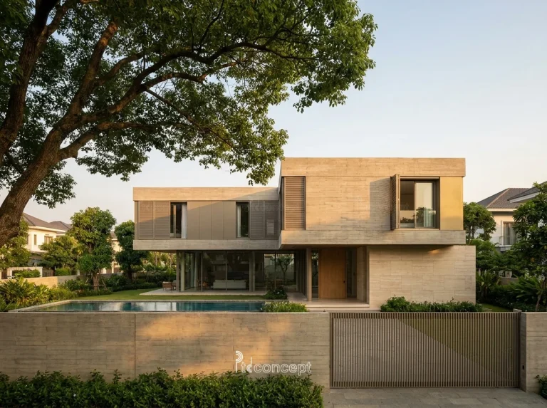 Mẫu villa 2 tầng, mặt tiền ~12m – Hiện đại – mặt tiền, PTD Concept