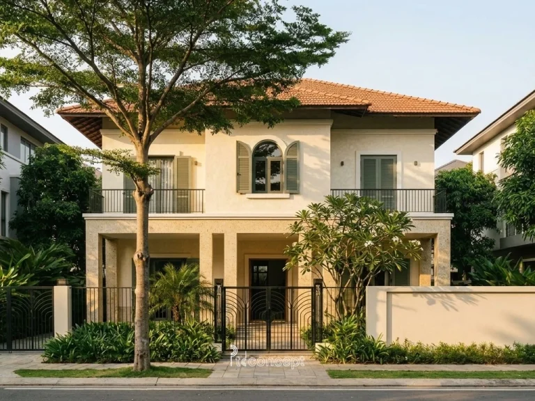 Mẫu villa 2 tầng, mặt tiền ~12m – Indochine – mặt tiền, PTD Concept