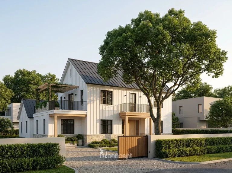 Mẫu villa 2 tầng, mặt tiền ~12m – Modern Farmhouse – mặt tiền, PTD Concept