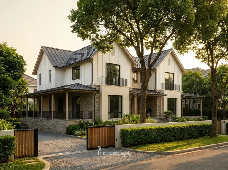 Mẫu villa 2 tầng, mặt tiền ~12m – Modern Farmhouse – mặt tiền, PTD Concept