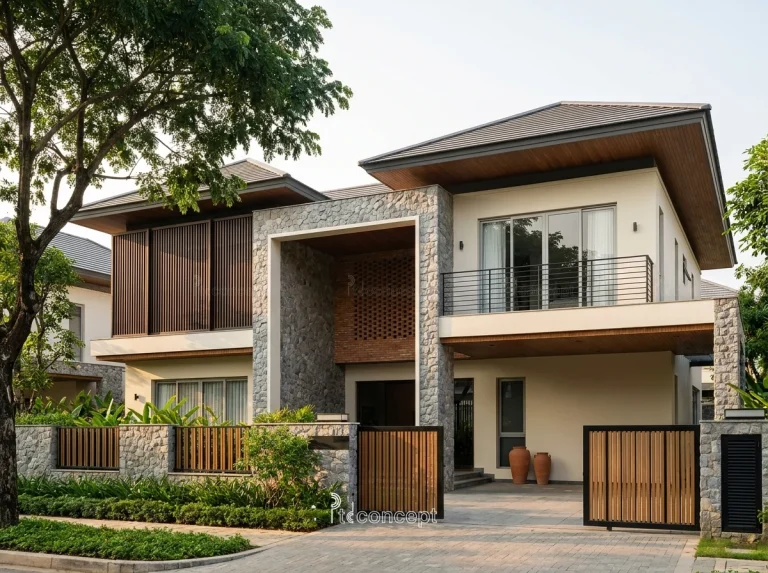 Mẫu villa 2 tầng, mặt tiền ~12m – Nhiệt đới hiện đại – mặt tiền, PTD Concept