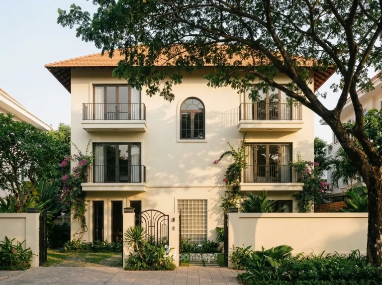 Mẫu villa 3 tầng, mặt tiền ~14m – Indochine – mặt tiền, PTD Concept