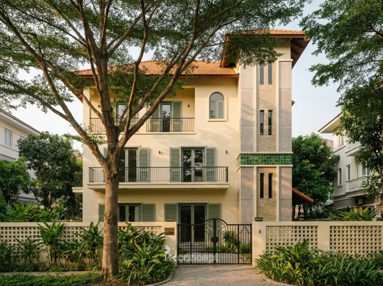 Mẫu villa 3 tầng, mặt tiền ~14m – Indochine – mặt tiền, PTD Concept