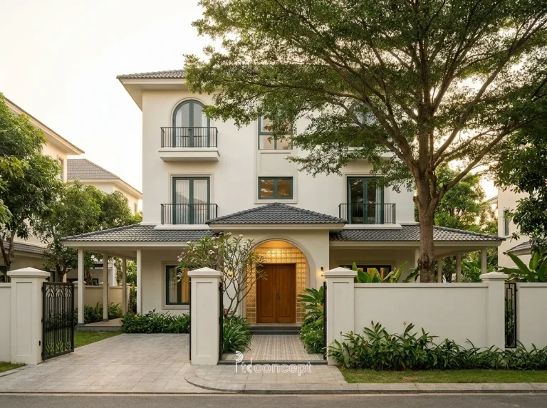 Mẫu villa 3 tầng, mặt tiền ~14m – Indochine – mặt tiền, PTD Concept
