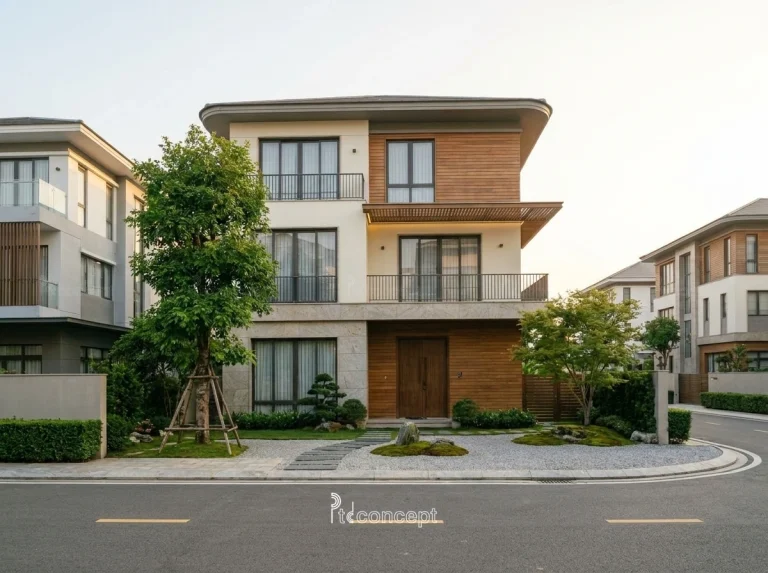 Mẫu villa 3 tầng, mặt tiền ~14m – Japandi – mặt tiền, PTD Concept