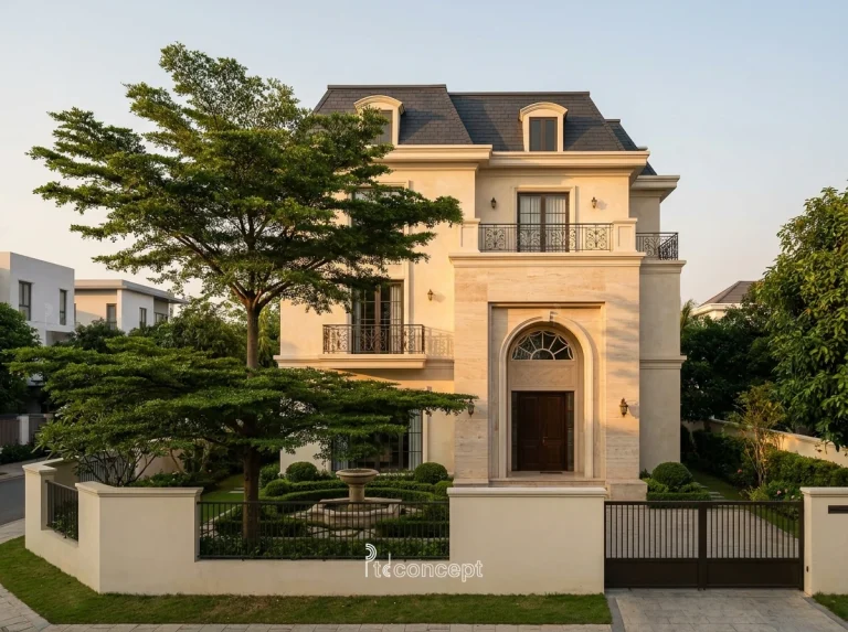 Mẫu villa 3 tầng, mặt tiền ~14m – Modern Classic – mặt tiền, PTD Concept