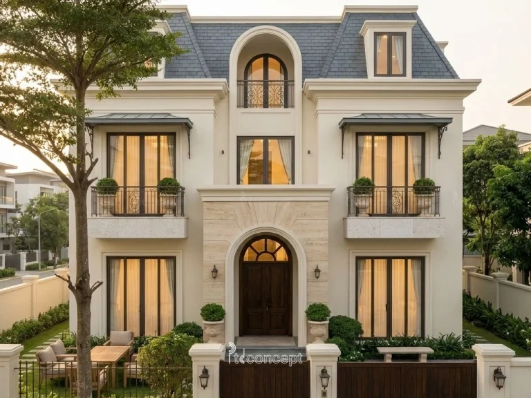 Mẫu villa 3 tầng, mặt tiền ~14m – Modern Classic – mặt tiền, PTD Concept