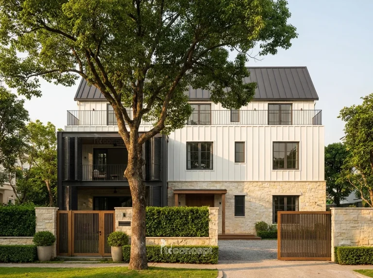 Mẫu villa 3 tầng, mặt tiền ~14m – Modern Farmhouse – mặt tiền, PTD Concept
