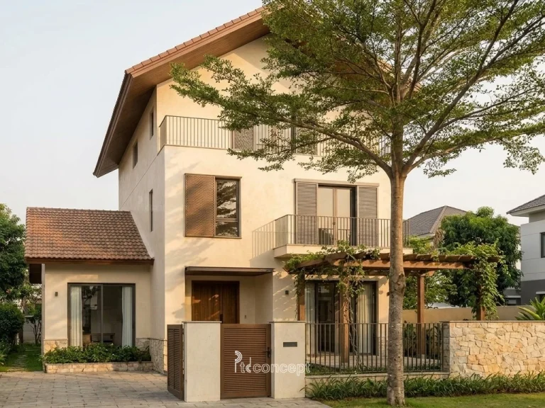 Mẫu villa 3 tầng, mặt tiền ~14m – Modern Rustic – mặt tiền, PTD Concept