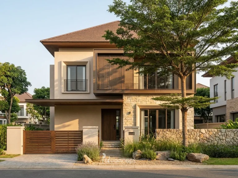 Mẫu villa 3 tầng, mặt tiền ~14m – Modern Rustic – mặt tiền, PTD Concept