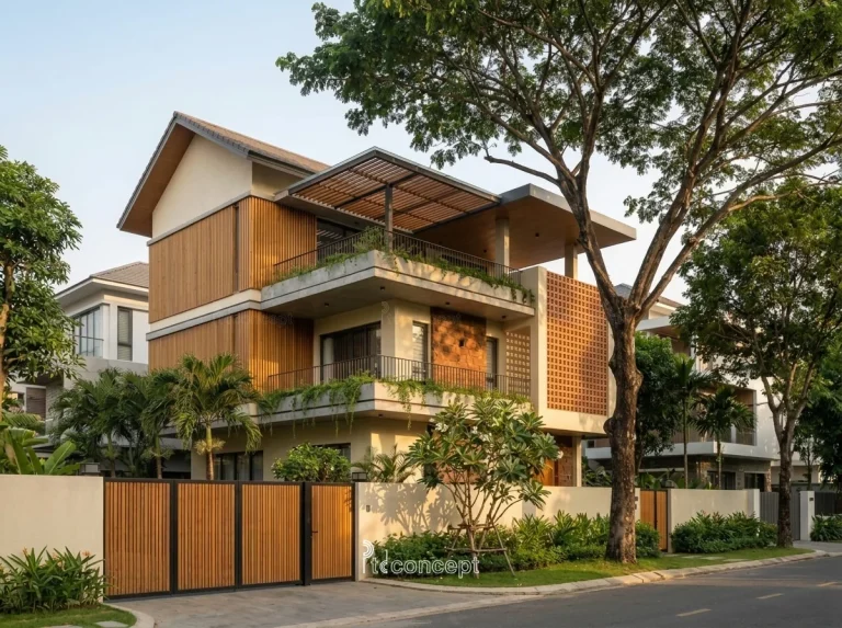 Mẫu villa 3 tầng, mặt tiền ~14m – Nhiệt đới hiện đại – mặt tiền, PTD Concept