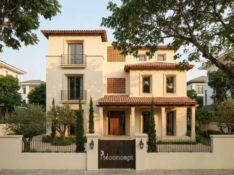 Mẫu villa 4 tầng, mặt tiền ~15m – Địa Trung Hải – mặt tiền, PTD Concept