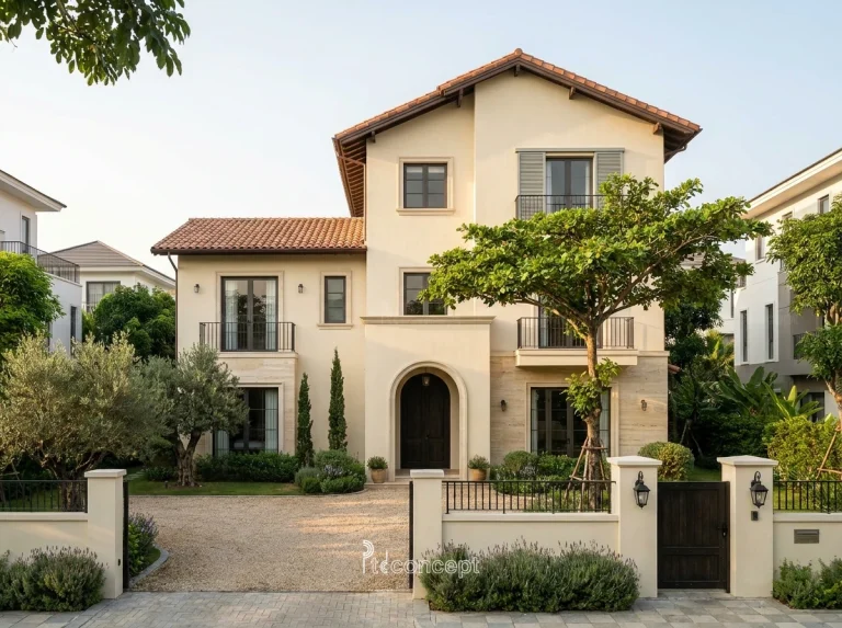 Mẫu villa 4 tầng, mặt tiền ~15m – Địa Trung Hải – mặt tiền, PTD Concept