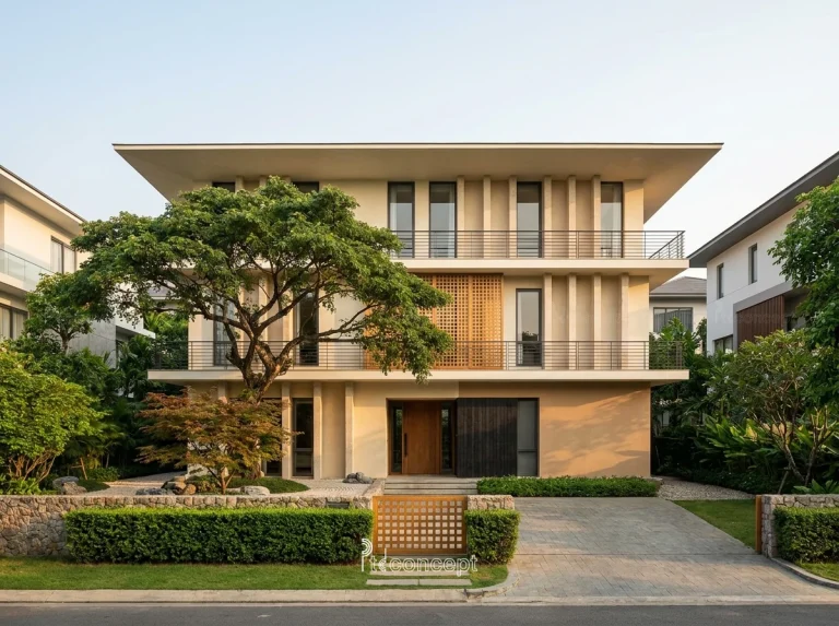 Mẫu villa 4 tầng, mặt tiền ~15m – Japandi – mặt tiền, PTD Concept