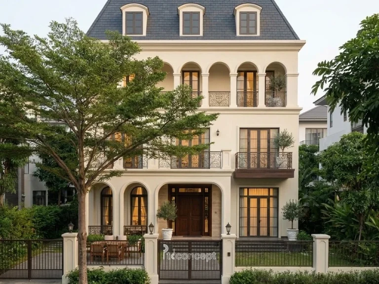 Mẫu villa 4 tầng, mặt tiền ~15m – Modern Classic – mặt tiền, PTD Concept