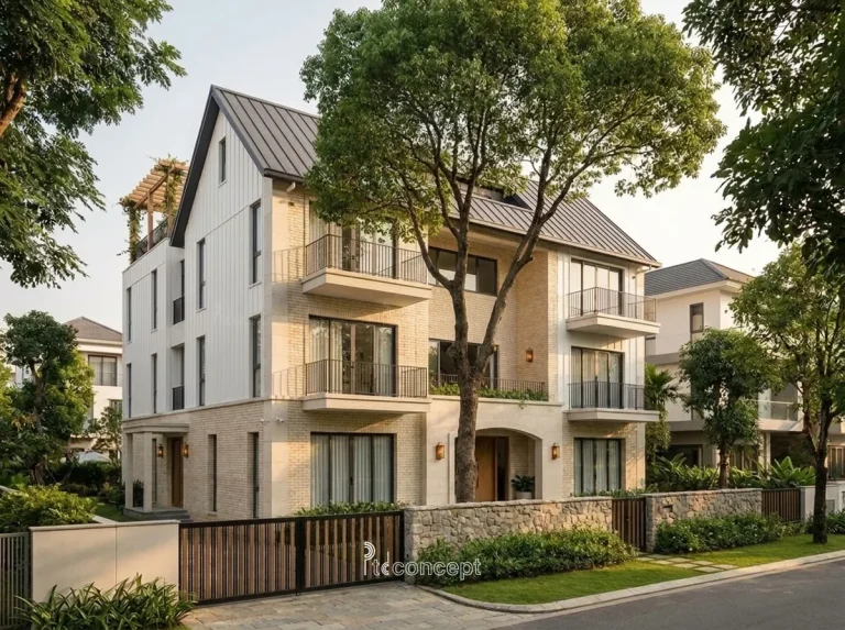 Mẫu villa 4 tầng, mặt tiền ~15m – Modern Farmhouse – mặt tiền, PTD Concept