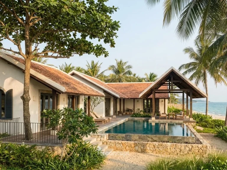 Mẫu villa resort biển 1 tầng, nhiều khối hiên – Địa Trung Hải – mặt tiền, PTD Concept