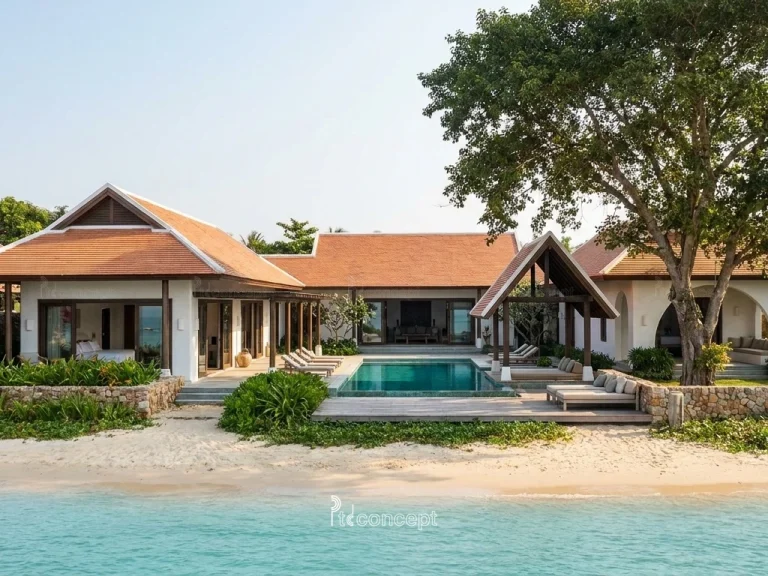 Mẫu villa resort biển 1 tầng, nhiều khối hiên – Địa Trung Hải – mặt tiền, PTD Concept