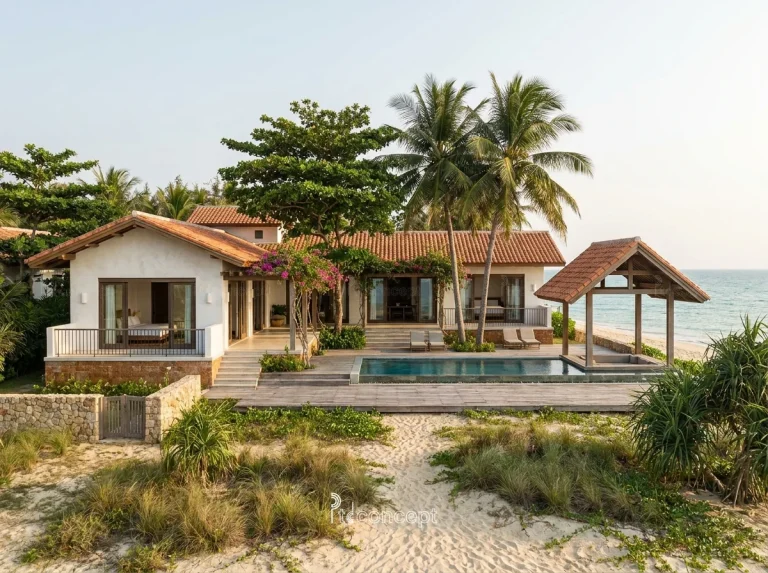 Mẫu villa resort biển 1 tầng, nhiều khối hiên – Địa Trung Hải – mặt tiền, PTD Concept