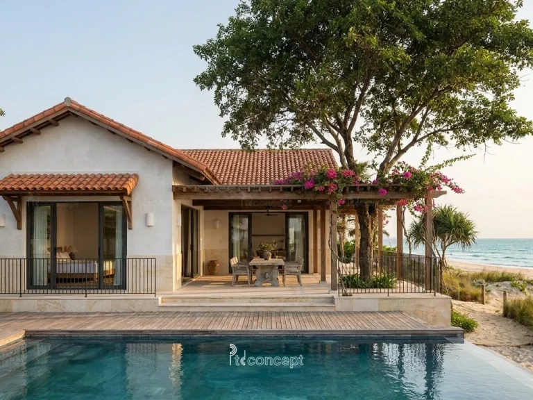 Mẫu villa resort biển 1 tầng, nhiều khối hiên – Địa Trung Hải – mặt tiền, PTD Concept