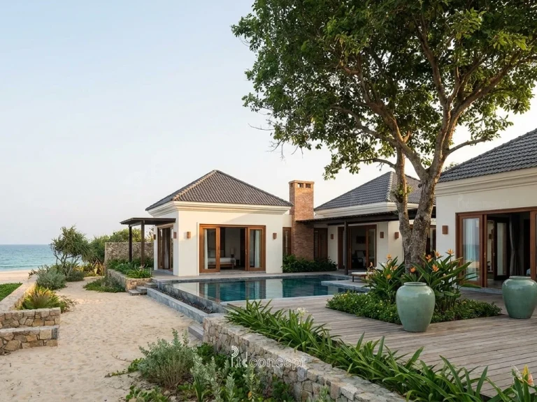 Mẫu villa resort biển 1 tầng, nhiều khối hiên – Indochine – mặt tiền, PTD Concept