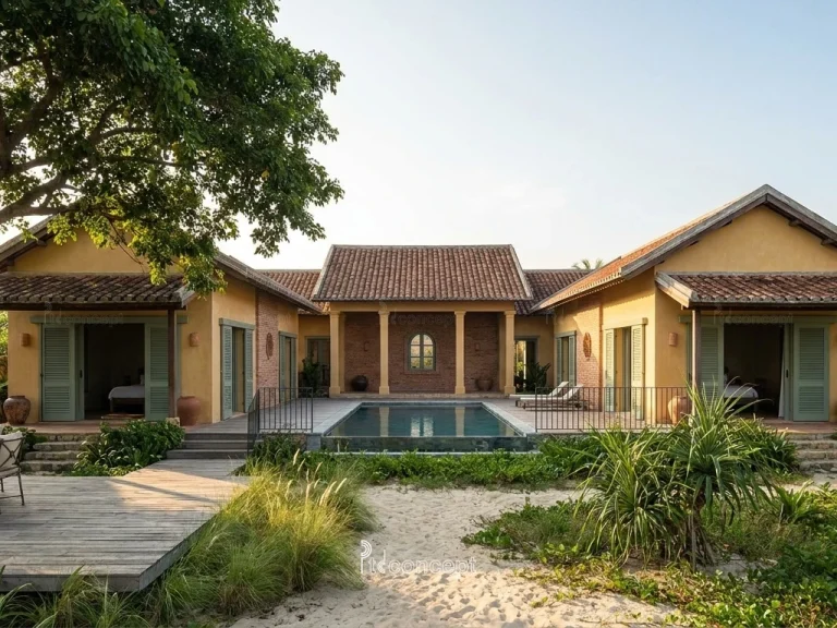Mẫu villa resort biển 1 tầng, nhiều khối hiên – Indochine – mặt tiền, PTD Concept