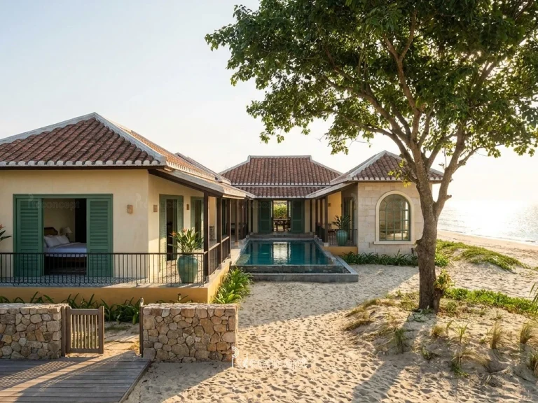 Mẫu villa resort biển 1 tầng, nhiều khối hiên – Indochine – mặt tiền, PTD Concept
