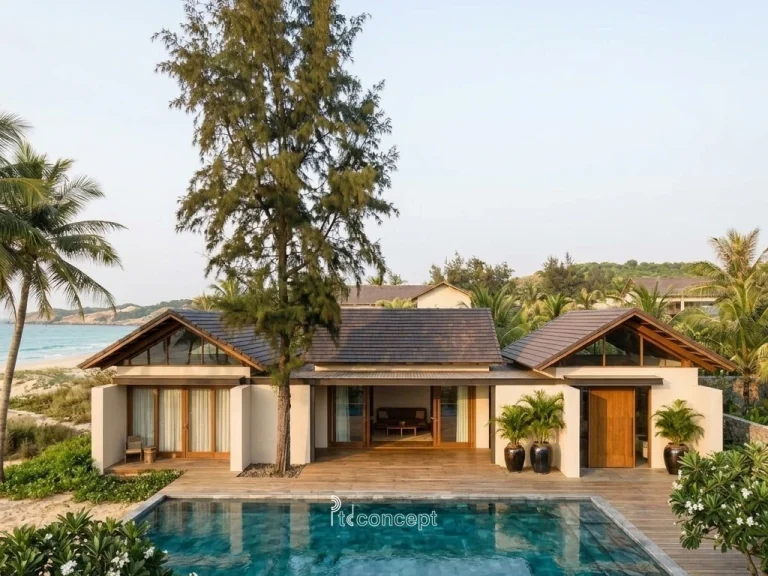 Mẫu villa resort biển 1 tầng, nhiều khối hiên – Nhiệt đới hiện đại – mặt tiền, PTD Concept