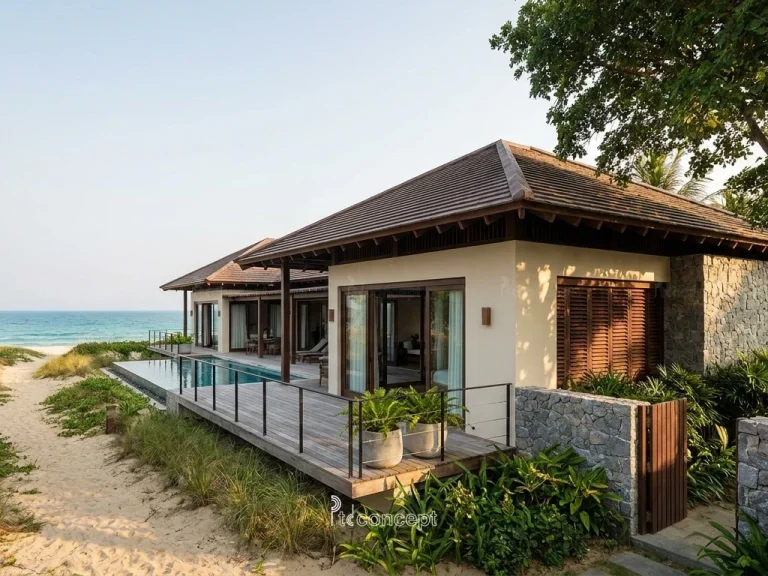 Mẫu villa resort biển 1 tầng, nhiều khối hiên – Nhiệt đới hiện đại – mặt tiền, PTD Concept