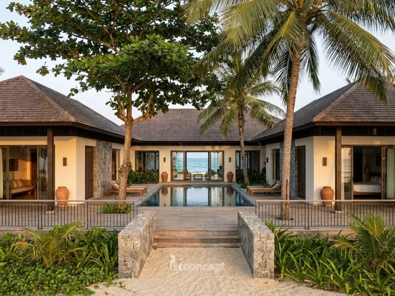 Mẫu villa resort biển 1 tầng, nhiều khối hiên – Nhiệt đới hiện đại – mặt tiền, PTD Concept