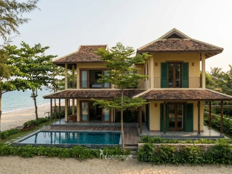 Mẫu villa resort biển 2 tầng, hồ bơi hướng biển – Indochine – mặt tiền, PTD Concept