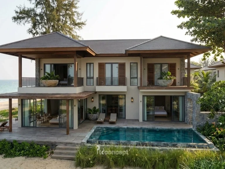 Mẫu villa resort biển 2 tầng, hồ bơi hướng biển – Nhiệt đới hiện đại – mặt tiền, PTD Concept