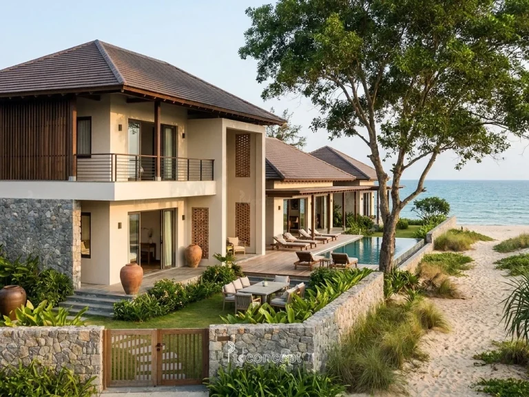 Mẫu villa resort biển 2 tầng, hồ bơi hướng biển – Nhiệt đới hiện đại – mặt tiền, PTD Concept